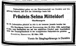 Das Vorarlberger Tagblatt vom 23.03.1938 informierte die Öffentlichkeit über den Tod von Selma Mitteldorf. (Quelle: ANNO – Österreichische Nationalbibliothek)