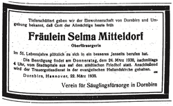 Von Selma Mitteldorf sind keine Fotografien erhalten. Das Vorarlberger Tagblatt vom 23.3.1938 informierte die Öffentlichkeit über ihren Tod. (Quelle: ANNO – ÖNB)